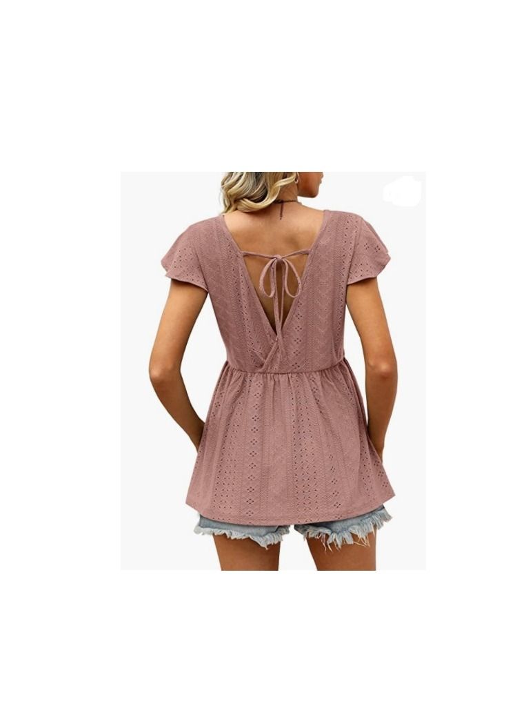 Loquat Summer New Women's Hollowed Oout Lotus Sleeve Waist Cinched Casual Blouse  - Image 2