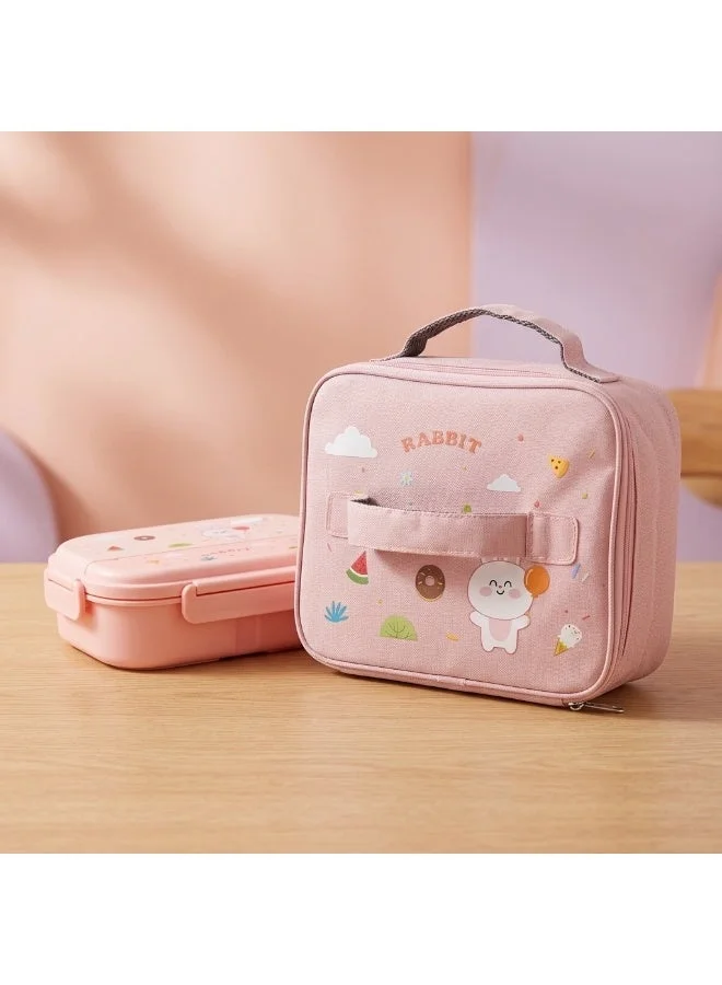 Mobcos pink Kids Stainless Steel Bento Lunch Box with Rabbit Design, Insulated Carrying Bag, 4-Compartment Food Container with Spoon & Fork, Pink  | Best Price UAE