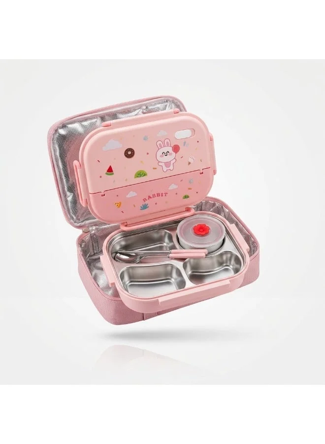 Mobcos pink Kids Stainless Steel Bento Lunch Box with Rabbit Design, Insulated Carrying Bag, 4-Compartment Food Container with Spoon & Fork, Pink  | Best Price UAE