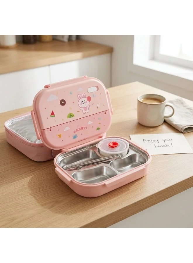 Mobcos pink Kids Stainless Steel Bento Lunch Box with Rabbit Design, Insulated Carrying Bag, 4-Compartment Food Container with Spoon & Fork, Pink  | Best Price UAE