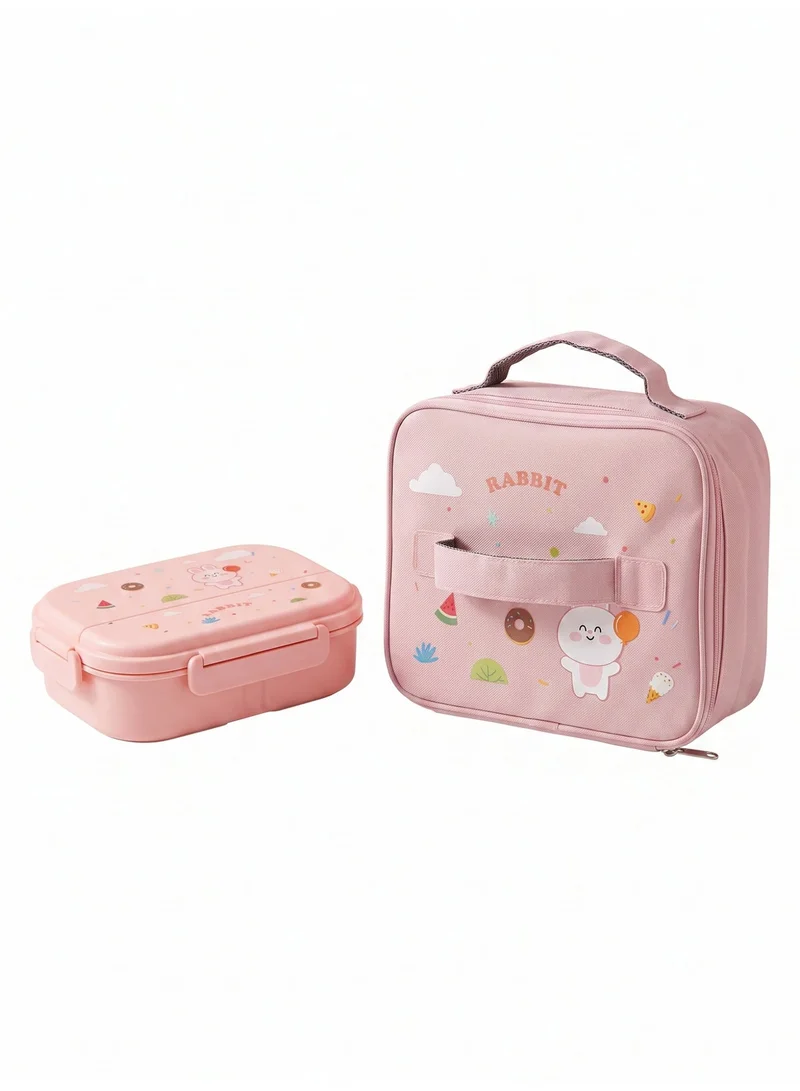Kids Stainless Steel Bento Lunch Box with Rabbit Design, Insulated Carrying Bag, 4-Compartment Food Container with Spoon & Fork, Pink