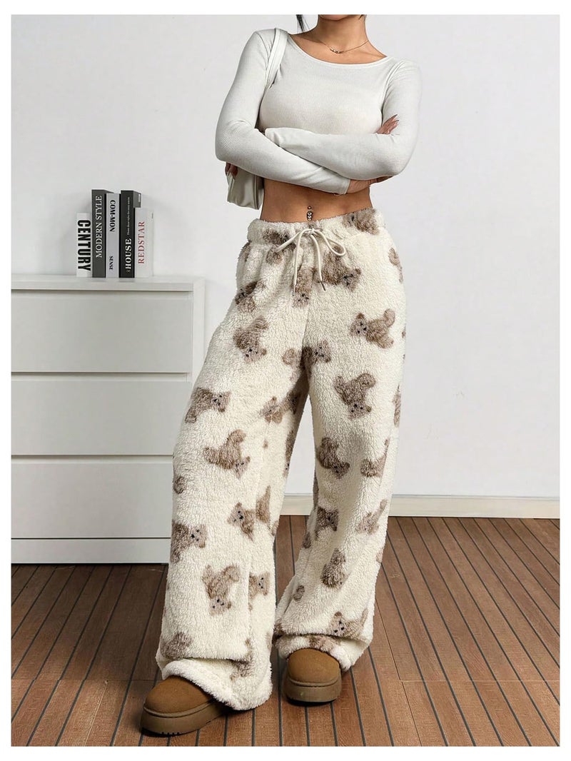Verdusa Women's Fuzzy Plush Warm Pajama Pants Fleece Lounge Sleepwear Teddy Pj Bottoms Cozy Loungewear Beige Medium - Image 5