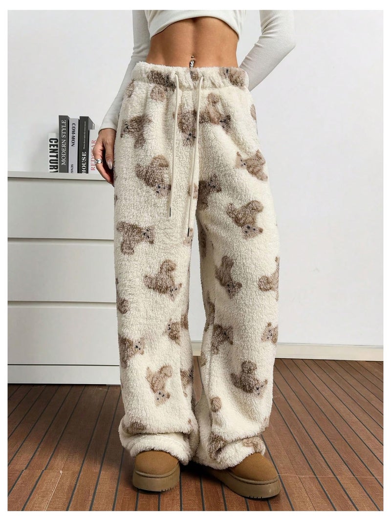 Verdusa Women's Fuzzy Plush Warm Pajama Pants Fleece Lounge Sleepwear Teddy Pj Bottoms Cozy Loungewear Beige Medium - Image 3