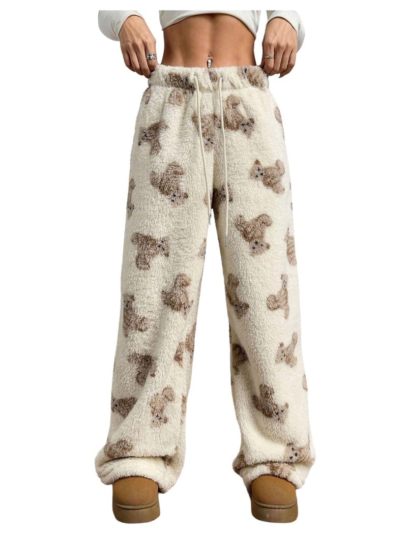 Verdusa Women's Fuzzy Plush Warm Pajama Pants Fleece Lounge Sleepwear Teddy Pj Bottoms Cozy Loungewear Beige Medium - Image 1