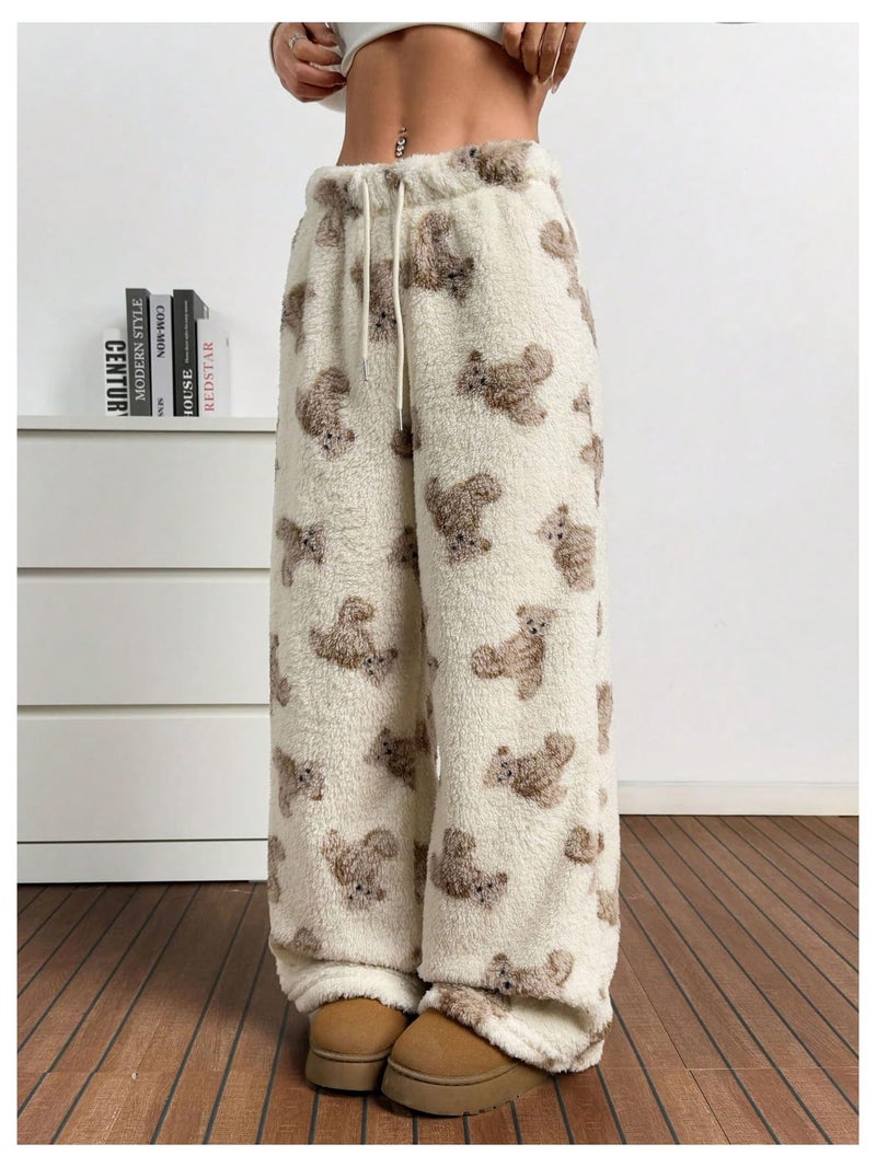 Verdusa Women's Fuzzy Plush Warm Pajama Pants Fleece Lounge Sleepwear Teddy Pj Bottoms Cozy Loungewear Beige Medium - Image 4