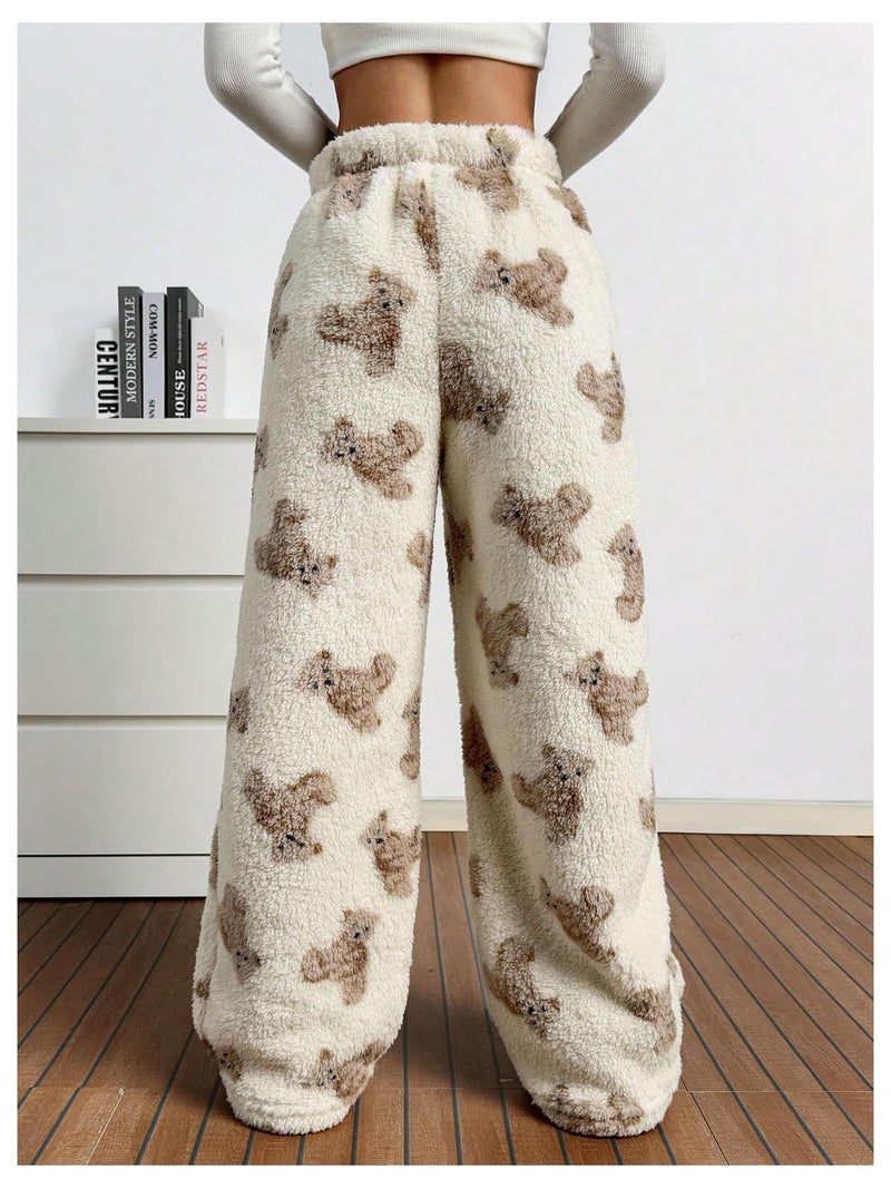 Verdusa Women's Fuzzy Plush Warm Pajama Pants Fleece Lounge Sleepwear Teddy Pj Bottoms Cozy Loungewear Beige Medium - Image 2