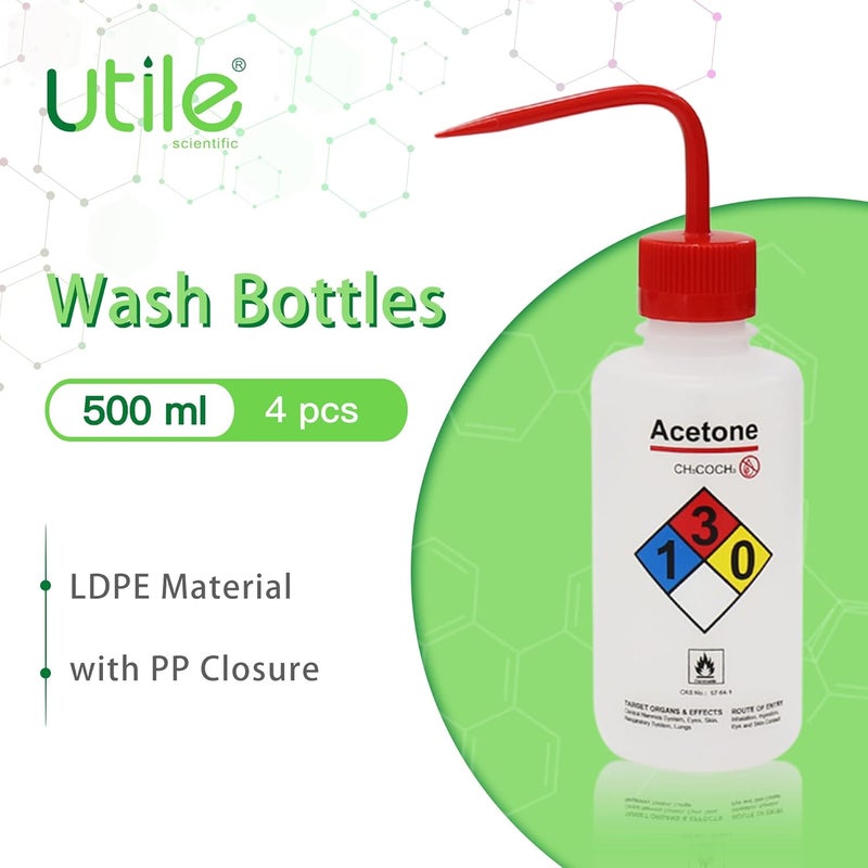 UTILE 4pcs of Vol. 17oz (500ml) Acetone Wash Bottles, Narrow Mouth, Self-Venting Safety Squeeze Bottle, LDPE Material with PP Material Closure, 5511.0171.4 - Image 2