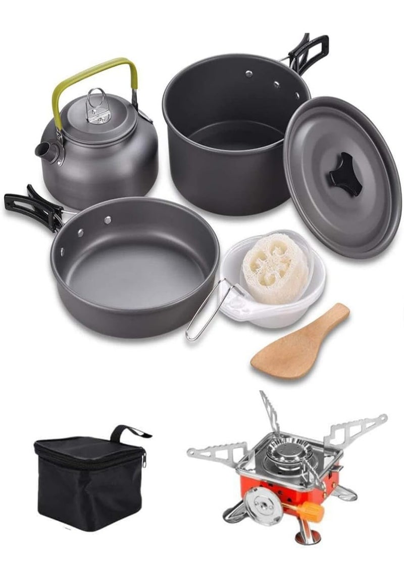 DPCR Camping Cookware Mess Kit with Camping Gas Stove, Lightweight Hiking Cookware Set with Gas Stove, Nonstick Aluminum Cooking Kit,Pot Pan Kettle Backpacking Mess Kit with Bowls (3-4 Person) - Image 1