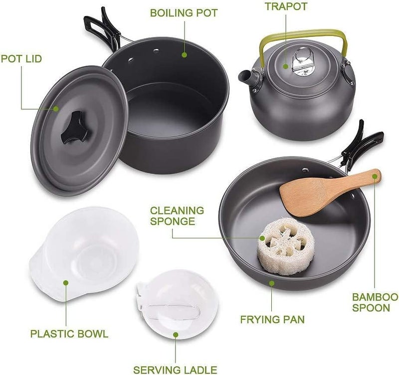 DPCR Camping Cookware Mess Kit with Camping Gas Stove, Lightweight Hiking Cookware Set with Gas Stove, Nonstick Aluminum Cooking Kit,Pot Pan Kettle Backpacking Mess Kit with Bowls (3-4 Person) - Image 2