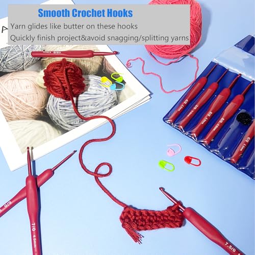 Weabetfu Ergonomic Crochet Hooks Set,Silicone Crochet Hook Knititng Needles for Arthritic Hands Premium Soft Grip Crochet Handles for Crocheting Yarn Craft Projects(2.0mm-6mm,Red) - Image 4