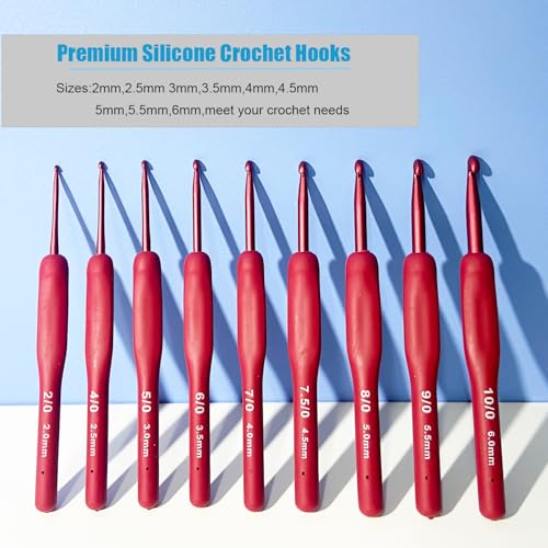 Weabetfu Ergonomic Crochet Hooks Set,Silicone Crochet Hook Knititng Needles for Arthritic Hands Premium Soft Grip Crochet Handles for Crocheting Yarn Craft Projects(2.0mm-6mm,Red) - Image 2