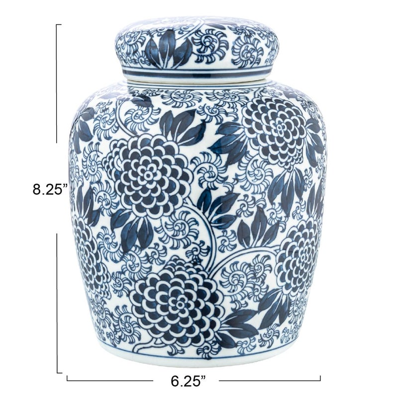 Creative Co-Op Decorative Chrysanthemum Ceramic Ginger Jar with Lid, Blue and White - Image 2