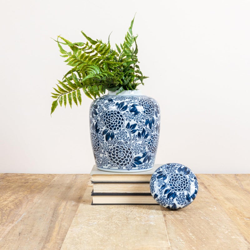 Creative Co-Op Decorative Chrysanthemum Ceramic Ginger Jar with Lid, Blue and White - Image 3