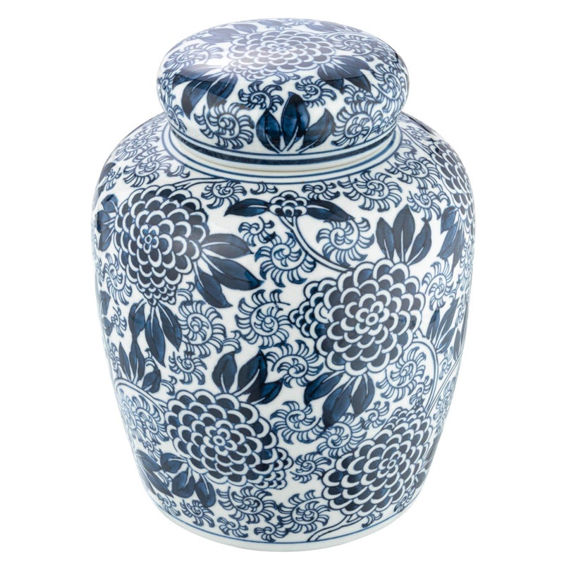 Creative Co-Op Decorative Chrysanthemum Ceramic Ginger Jar with Lid, Blue and White - Image 1