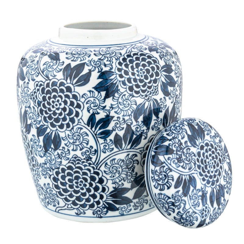Creative Co-Op Decorative Chrysanthemum Ceramic Ginger Jar with Lid, Blue and White - Image 5