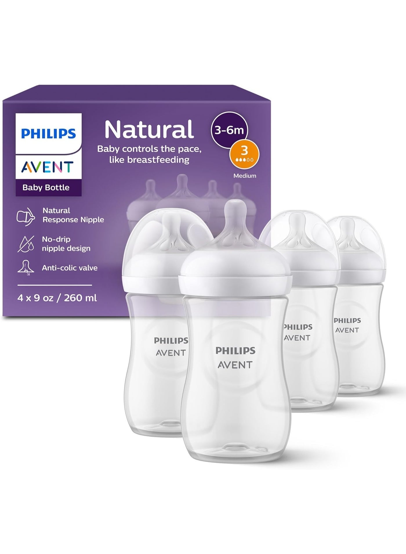 PHILIPS AVENT Natural Baby Bottle with Natural Response, Clear, 9oz, 4pk, SCY903/04, 9 Ounce