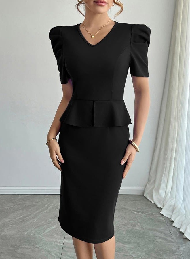 Mokayee Womens Summer Puff Sleeve V Neck Peplum Church Business Work Pencil Dresses, Black, M - Image 2