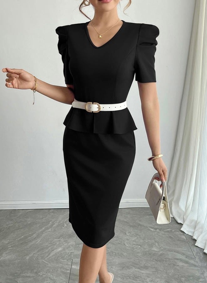 Mokayee Womens Summer Puff Sleeve V Neck Peplum Church Business Work Pencil Dresses, Black, M - Image 4
