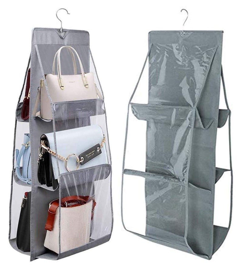 Unicrafts 6 Pocket Foldable PurseHandbag Organizer With Hook Hanger Large Clear Anti Dust Hanging Storage Bag Storage Holder For Wardrobe Closet Pack Of 2 Grey Non Woven Fabric - Image 2