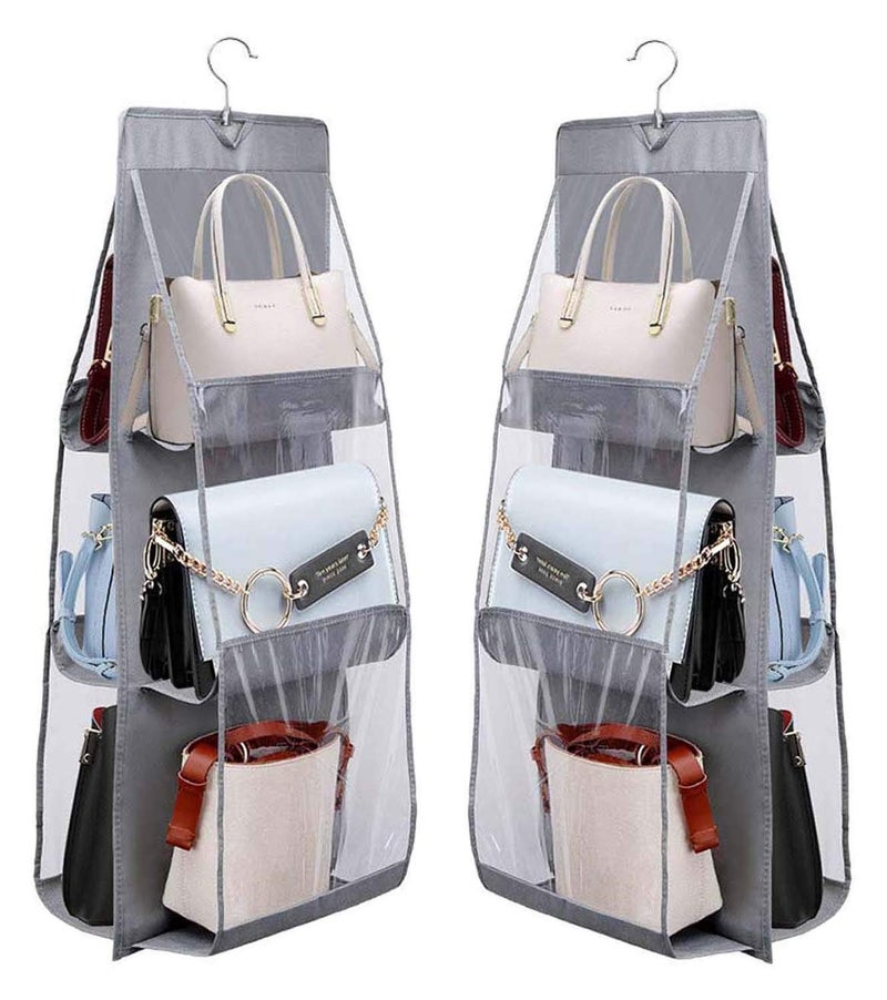 Unicrafts 6 Pocket Foldable PurseHandbag Organizer With Hook Hanger Large Clear Anti Dust Hanging Storage Bag Storage Holder For Wardrobe Closet Pack Of 2 Grey Non Woven Fabric - Image 1