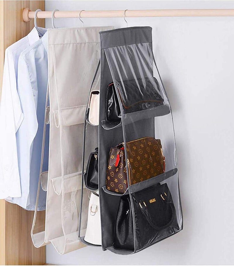 Unicrafts 6 Pocket Foldable PurseHandbag Organizer With Hook Hanger Large Clear Anti Dust Hanging Storage Bag Storage Holder For Wardrobe Closet Pack Of 2 Grey Non Woven Fabric - Image 5
