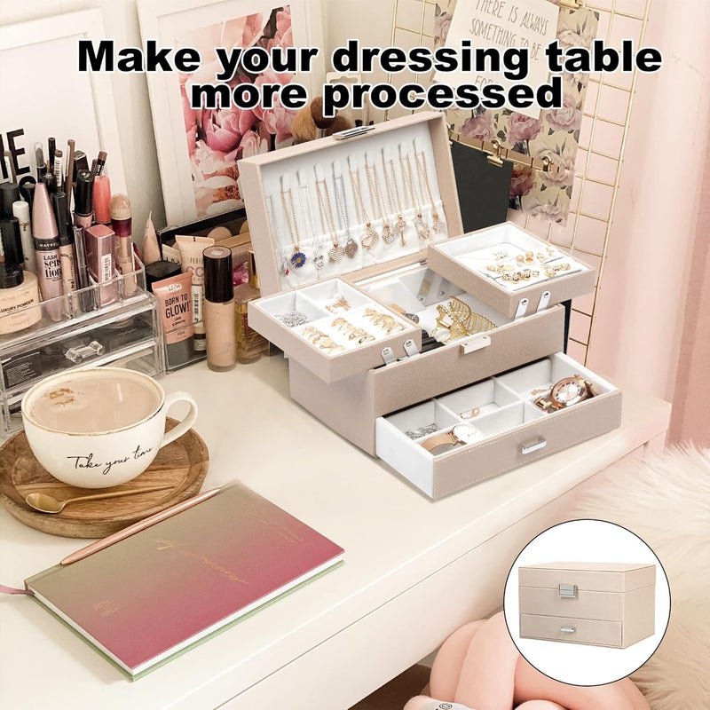 Dajasan Jewelry Box Organizer, Jewelry Boxes for Women Girls, 3 Layers Jewelry Gift Box for Christmas, Valentine's Day, Birthday, Mother's Day (Champagne) - Image 5
