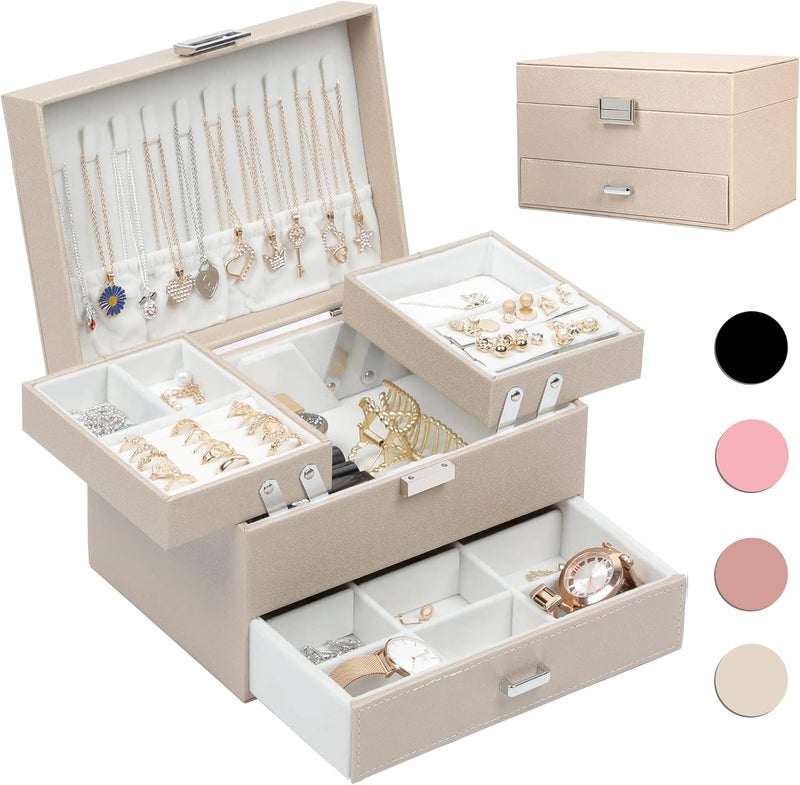 Dajasan Jewelry Box Organizer, Jewelry Boxes for Women Girls, 3 Layers Jewelry Gift Box for Christmas, Valentine's Day, Birthday, Mother's Day (Champagne) - Image 1