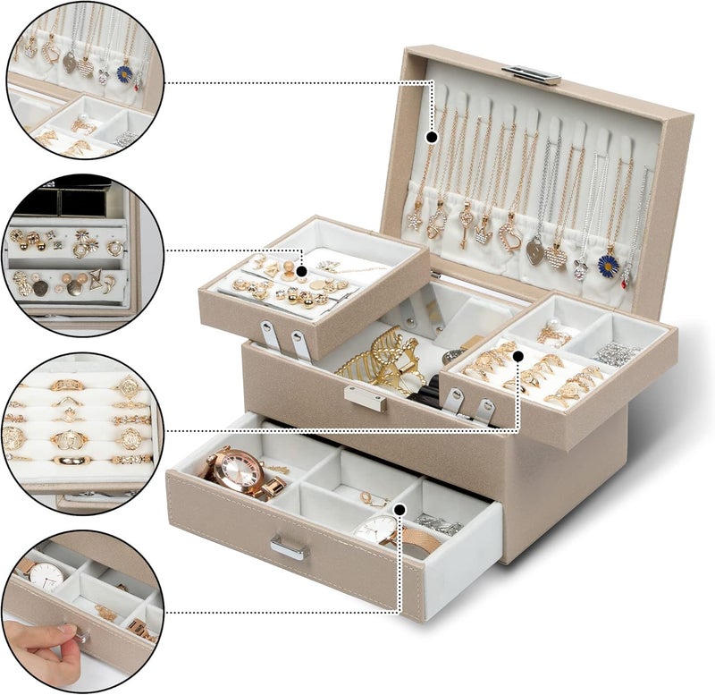 Dajasan Jewelry Box Organizer, Jewelry Boxes for Women Girls, 3 Layers Jewelry Gift Box for Christmas, Valentine's Day, Birthday, Mother's Day (Champagne) - Image 2