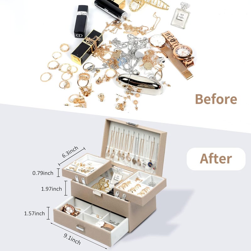 Dajasan Jewelry Box Organizer, Jewelry Boxes for Women Girls, 3 Layers Jewelry Gift Box for Christmas, Valentine's Day, Birthday, Mother's Day (Champagne) - Image 4