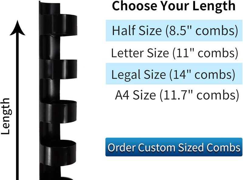RAYSON CR681012-BK Plastic Comb Binding Ring, 1/4in,5/16in,3/8in,1/2in, 19-Ring Letter Size, Black Comb Spines, Multi-Size Pack of 100 - Image 2