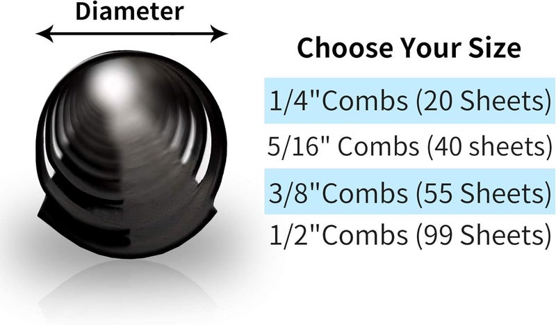 RAYSON CR681012-BK Plastic Comb Binding Ring, 1/4in,5/16in,3/8in,1/2in, 19-Ring Letter Size, Black Comb Spines, Multi-Size Pack of 100 - Image 3