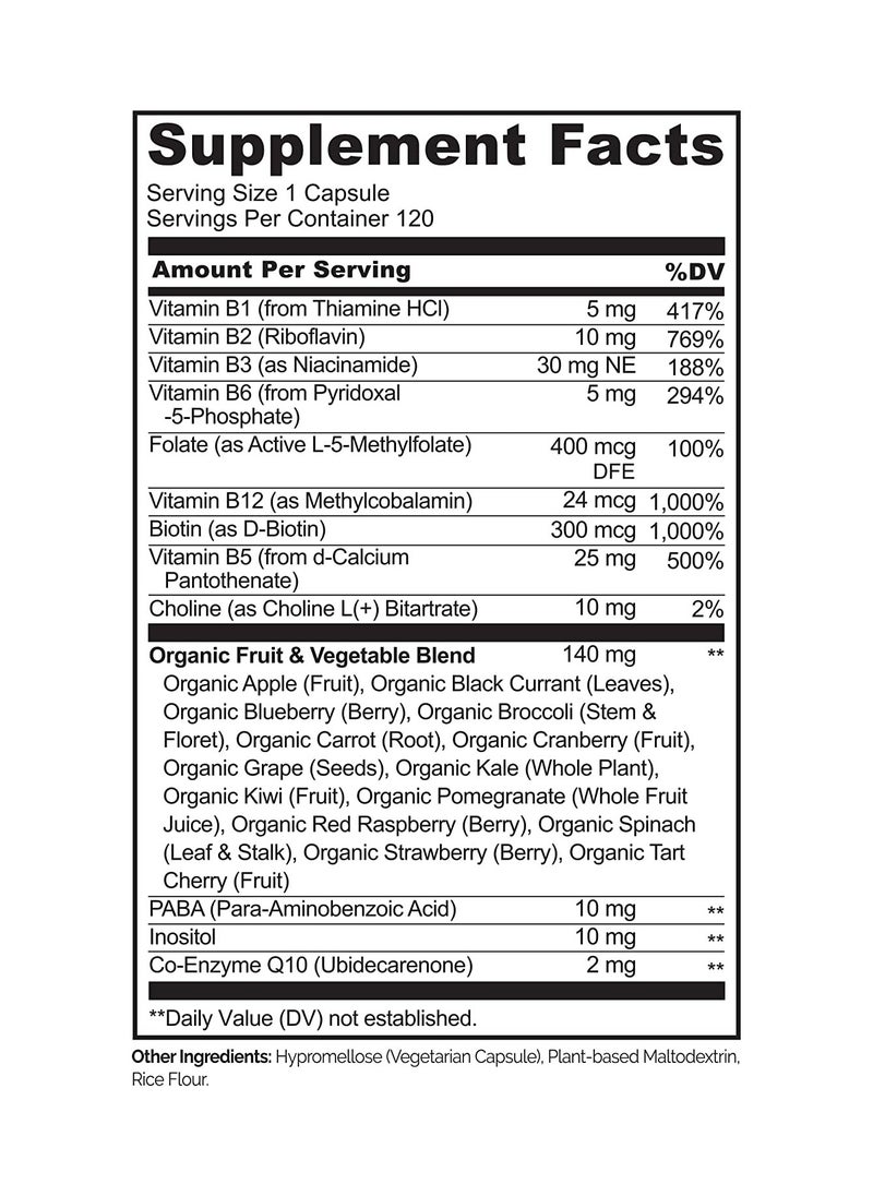 NATURELO - B Complex with a Fruit & Vegetable Blend With CoQ10 120 Vegetarian Capsules Formulated to Support Energy & Matabolism - Image 1