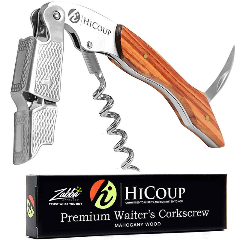HiCoup Kitchenware Hicoup Wine Opener  Professional Corkscrews for Wine Bottles wFoil Cutter and Cap Remover  Manual Wine Key for Servers Waiters Bartenders and Home Use  Mahogany Wood 