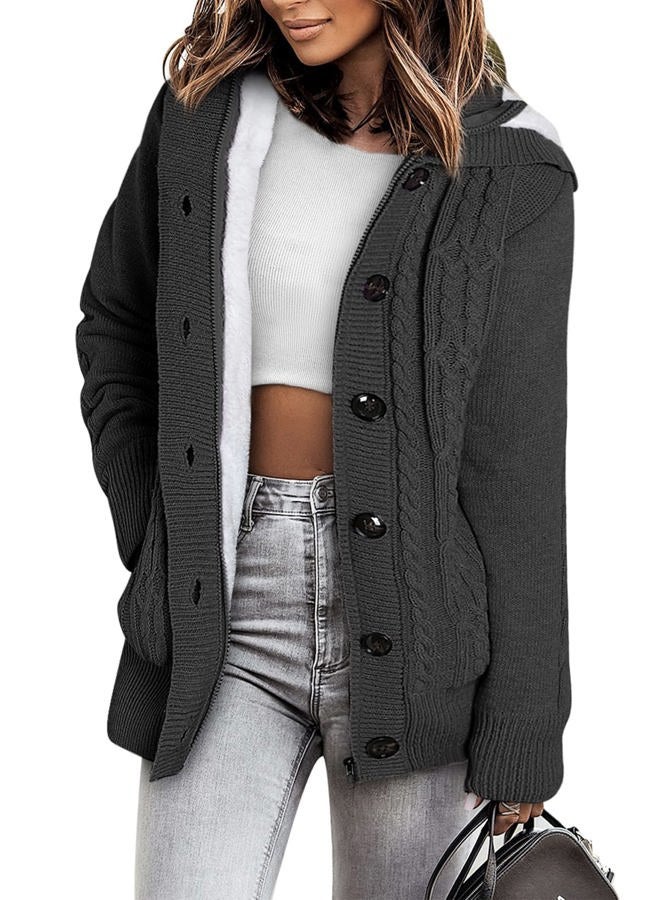 Sidefeel Women Hooded Knit Cardigans Button Cable Sweater Coat, Dark Grey, L - Image 1