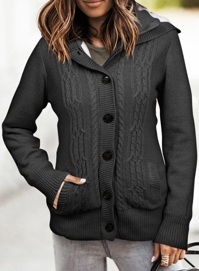Sidefeel Women Hooded Knit Cardigans Button Cable Sweater Coat, Dark Grey, L - Image 3