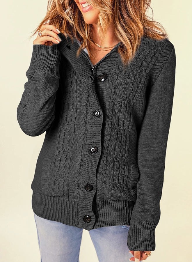 Sidefeel Women Hooded Knit Cardigans Button Cable Sweater Coat, Dark Grey, L - Image 5