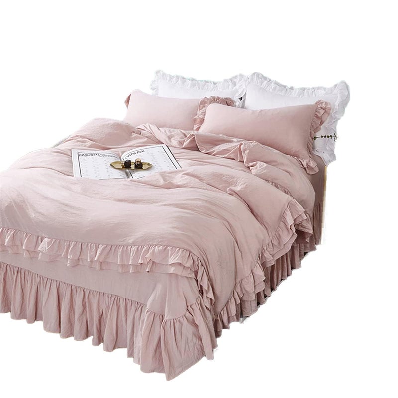 MOOWOO Ruffle Duvet Cover Set, Soft and Breathable Washed Microfiber 3pcs Bedding Set, Shabby Chic Farmhouse Duvet Cover and Pillow Shams, Zipper Closure & Corner Ties, Easy Care - Queen, Pink - Image 1