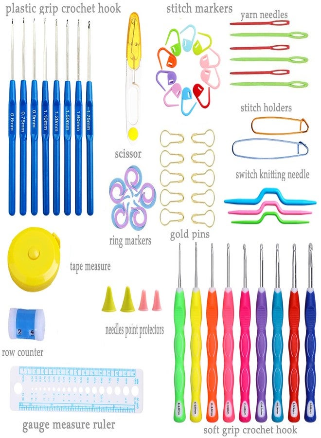 LOOEN New Set of 47 Ergonomic Crochet Hooks Set w Rubbery Handles Hook 0.6-6MM, Comfort Grip for Arthritic Hands (A - Double Color Hook Kit) - Image 2