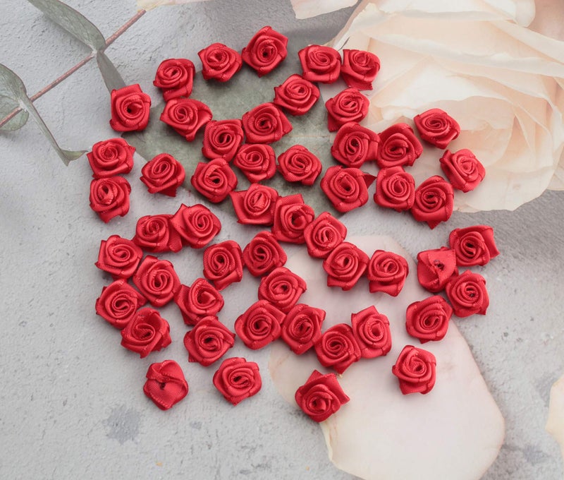 Ruwado 50 pcs Satin Ribbon Roses Mini Flowers Boutique Applique Sewing Embellishment Supplies for DIY Craft Project Scrapbooking Wedding Theme Parties Home Decoration (Red) - Image 3