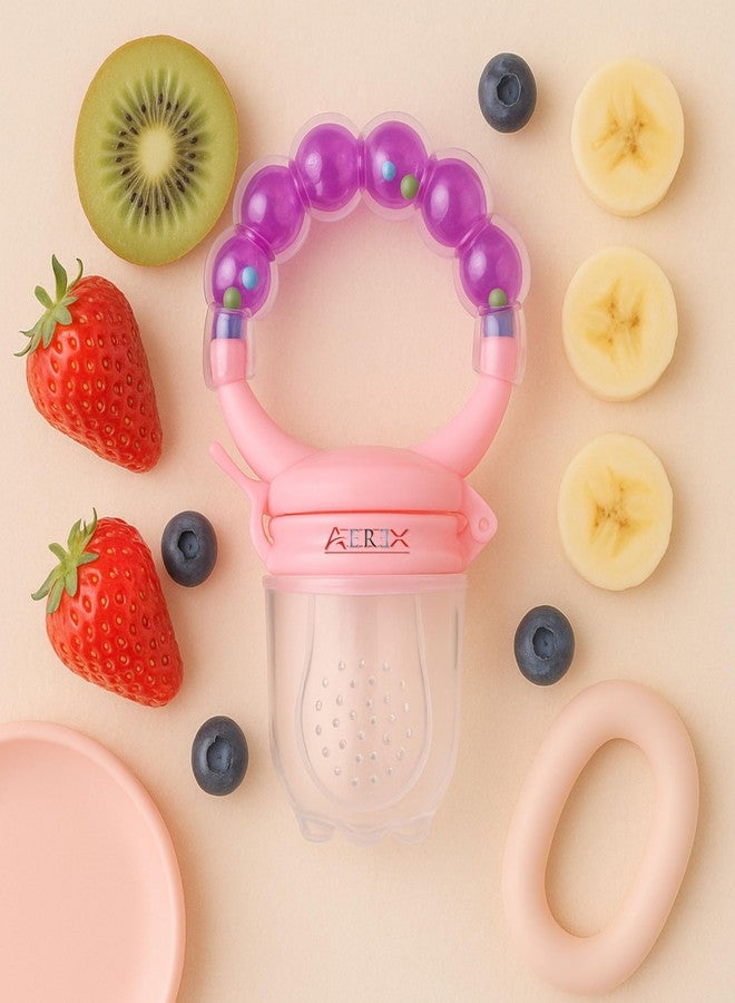 AEREX BPA Free Silicone Food Nibbler with Extra 2 Different Size Mesh Nipple for Fruit and Veggies with Rattle Handle for Baby (Purple) - Image 1