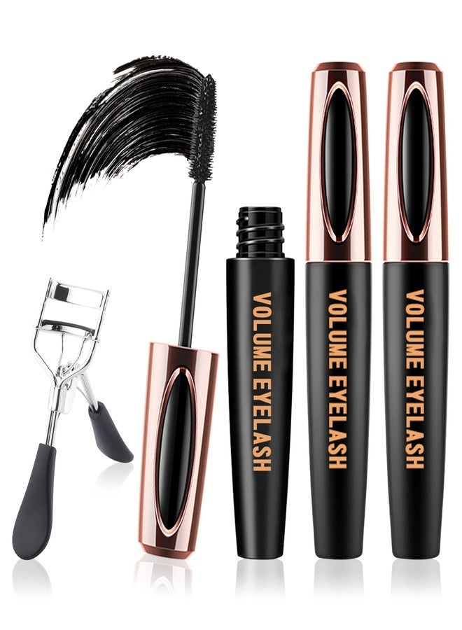 LJYBoBin 3 PCS 4D Silk Fiber Lash Mascara Volume and Length Waterproof Mascara Black,Volumizing Smudge Proof Tubing Telescopic Mascara,Long-Lasting Curling Thickening Fiber Mascara with Eyelash Curler A - Image 1