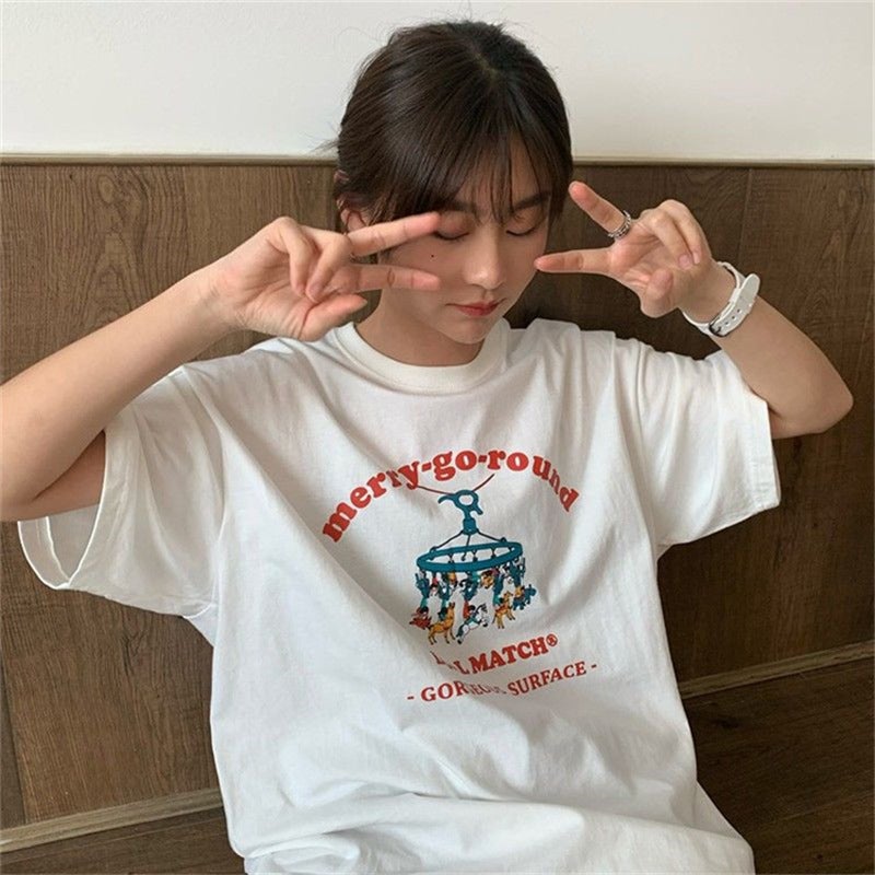 Short-Sleeved T-Shirt Women'S Cotton Loose Korean-Style Ins Women'S All-Match Cartoon Printed Inner Half-Sleeve Top - Image 1