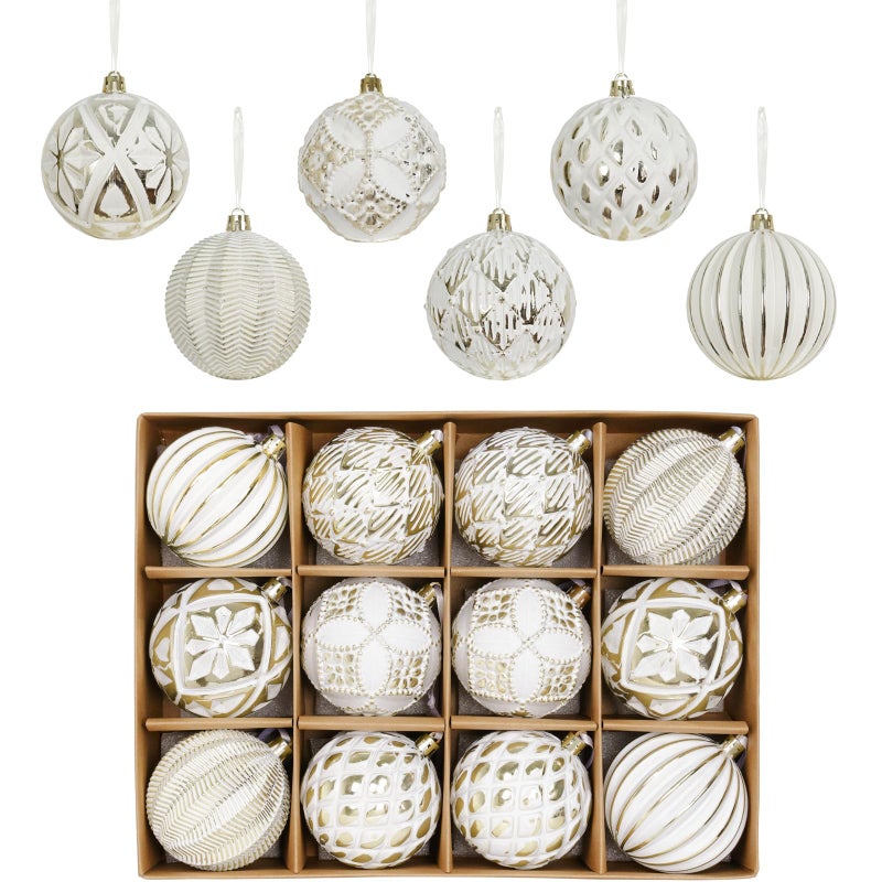 XmasExp Vintage Rustic Christmas Ball Ornaments Sets Farmhouse Distressed Christmas Tree Decorations Shatterproof Antique Traditional Style Xmas Hanging Ornaments White Gold 12Pcs