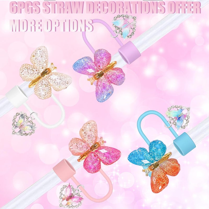 Cussom 10mm Straw Toppers Set, Butterfly Straw Covers Cap with Clip-on Bling Charms for 30oz 40 0z Stanley Tumblers, Cute and Shiny Modern Simple Tips Stanley Accessories - Image 2