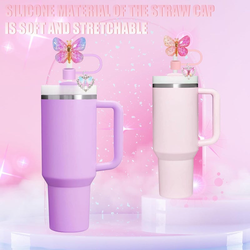 Cussom 10mm Straw Toppers Set, Butterfly Straw Covers Cap with Clip-on Bling Charms for 30oz 40 0z Stanley Tumblers, Cute and Shiny Modern Simple Tips Stanley Accessories - Image 4