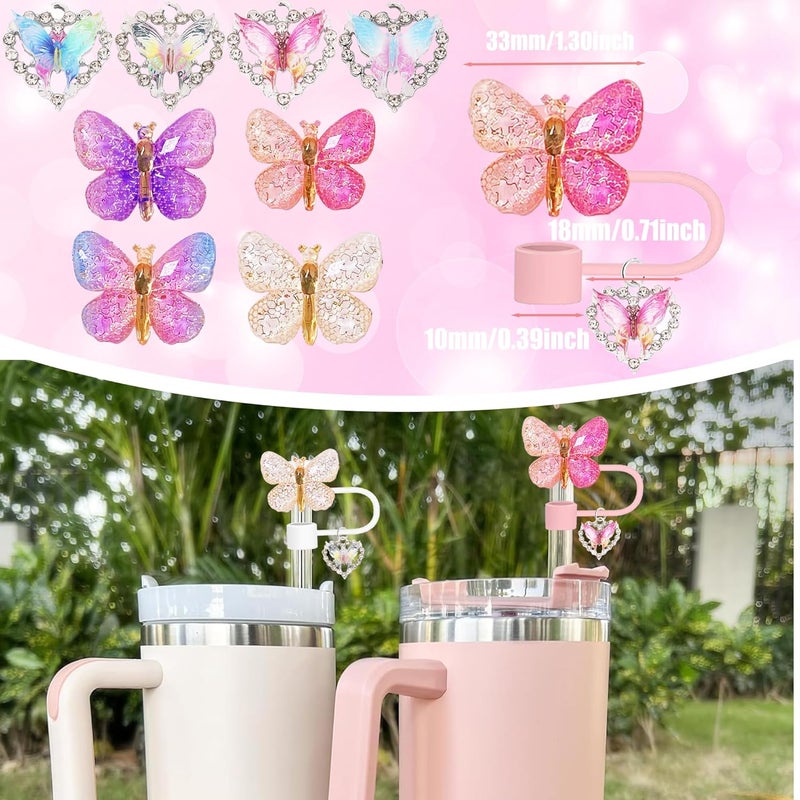 Cussom 10mm Straw Toppers Set, Butterfly Straw Covers Cap with Clip-on Bling Charms for 30oz 40 0z Stanley Tumblers, Cute and Shiny Modern Simple Tips Stanley Accessories - Image 5