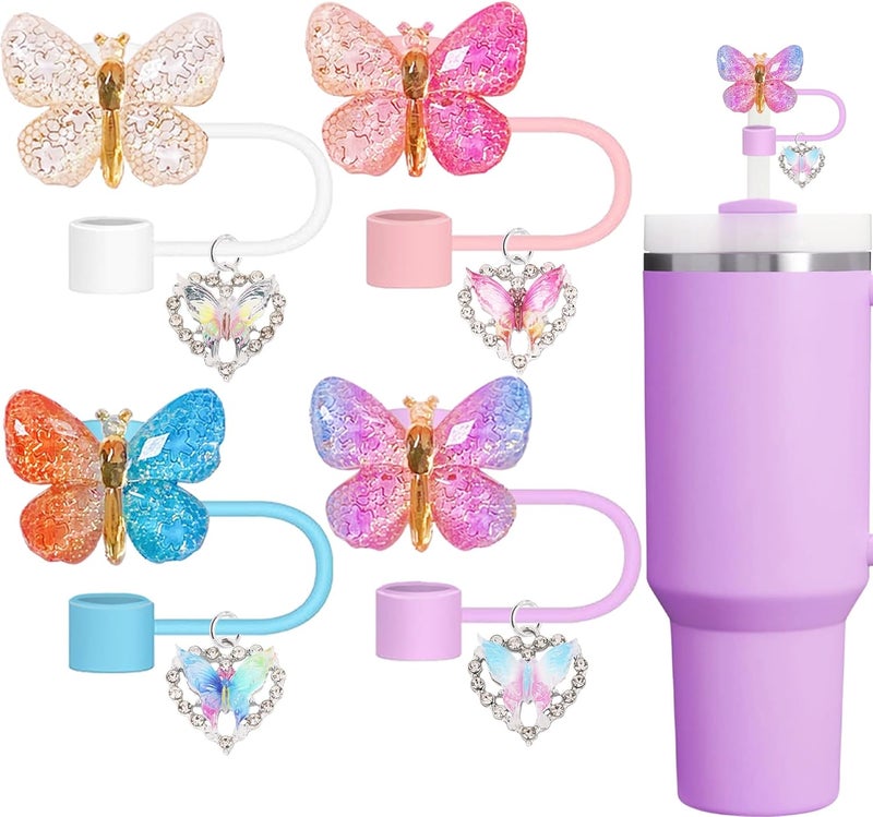 Cussom 10mm Straw Toppers Set, Butterfly Straw Covers Cap with Clip-on Bling Charms for 30oz 40 0z Stanley Tumblers, Cute and Shiny Modern Simple Tips Stanley Accessories - Image 1