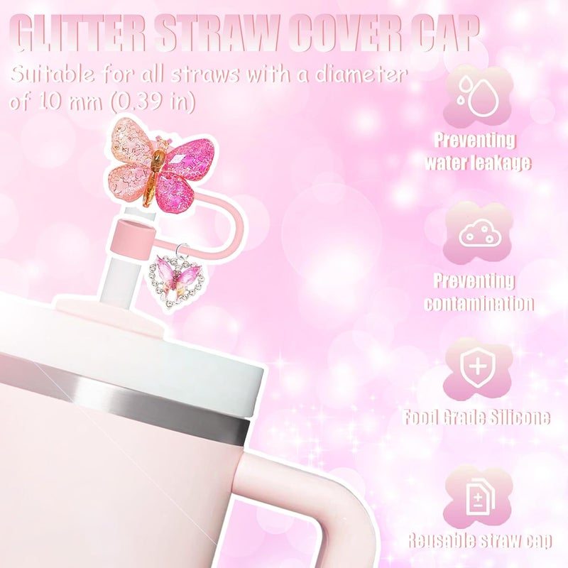Cussom 10mm Straw Toppers Set, Butterfly Straw Covers Cap with Clip-on Bling Charms for 30oz 40 0z Stanley Tumblers, Cute and Shiny Modern Simple Tips Stanley Accessories - Image 3