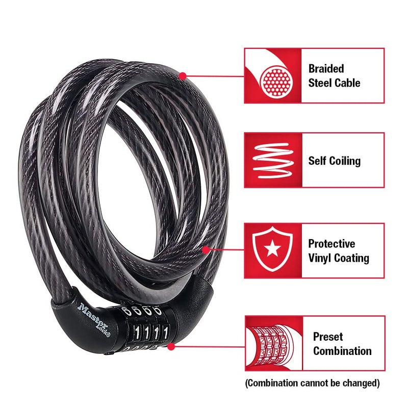 Master Lock Black Set Preset Combination Bike Lock, Metal Cable Lock has a Weather Resistant Vinyl Coating for Outdoor Equipment, Bicycles, 4 Feet Long, Pack of 2, 8143T - Image 3