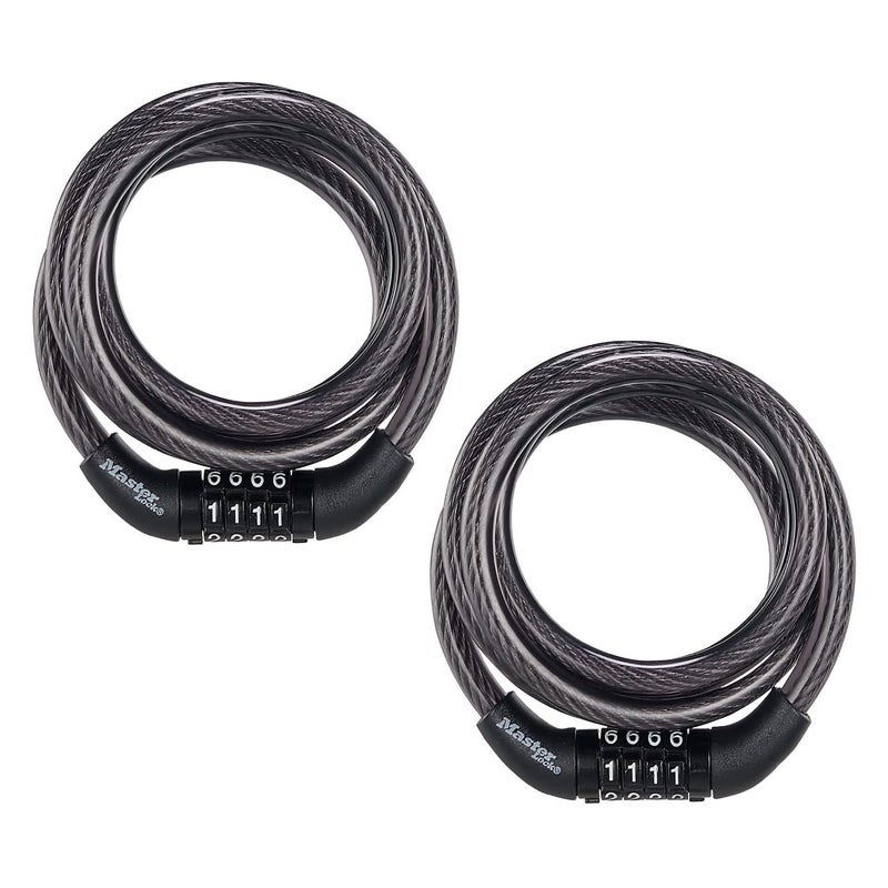 Master Lock Black Set Preset Combination Bike Lock, Metal Cable Lock has a Weather Resistant Vinyl Coating for Outdoor Equipment, Bicycles, 4 Feet Long, Pack of 2, 8143T - Image 1